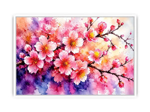 Pink cherry blossom watercolor canvas wall art for serene bedroom and modern living room decor.