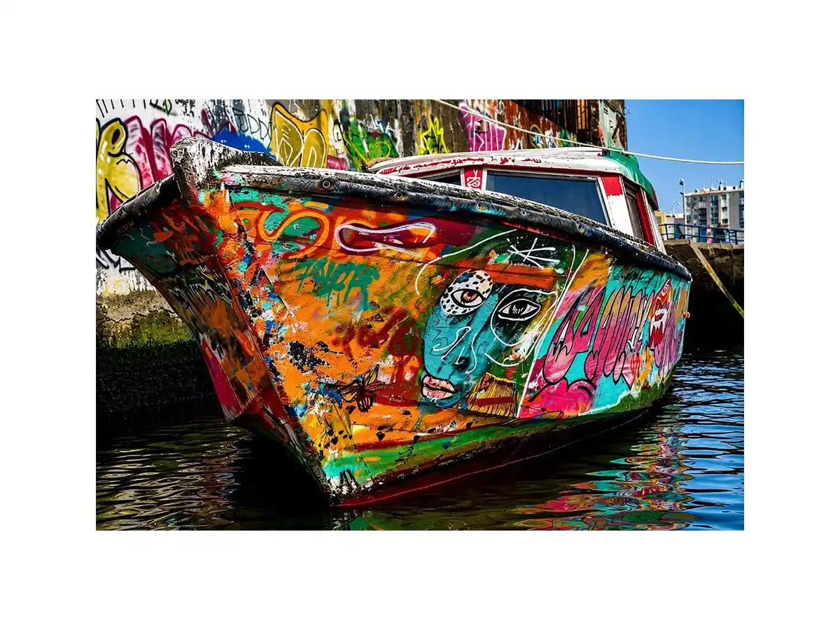 Urban graffiti boat canvas wall art for modern loft and industrial living room decor.