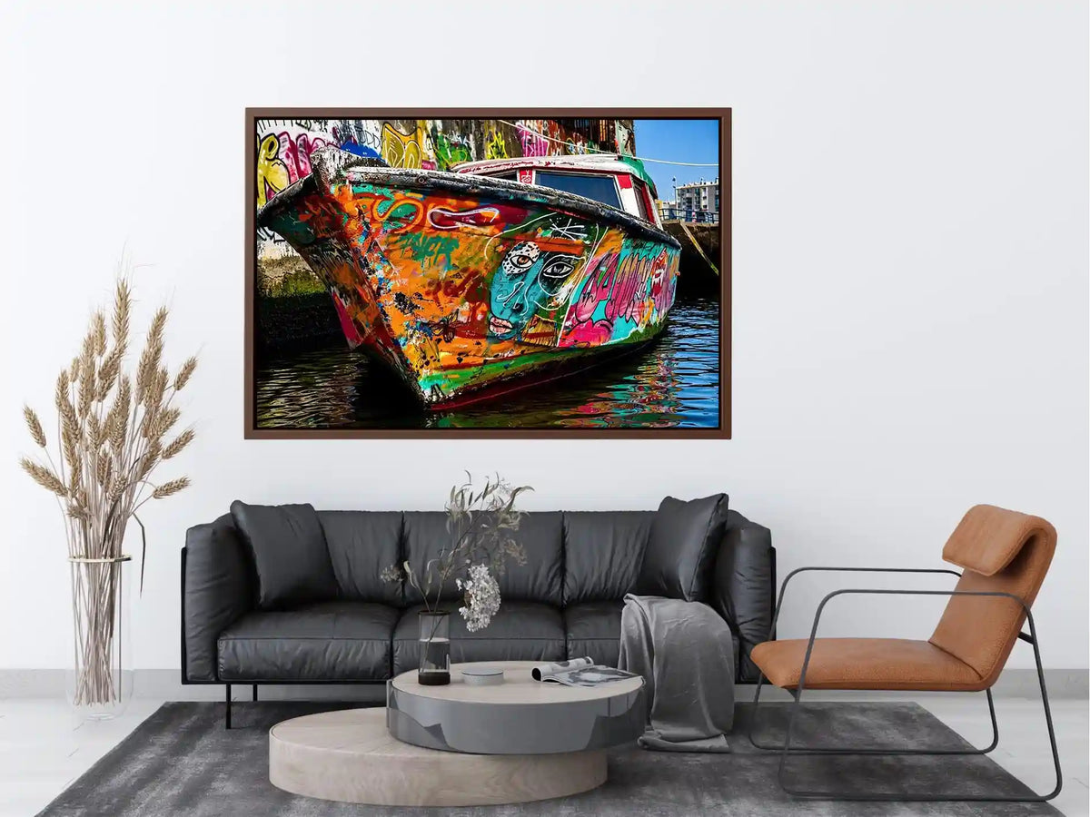 Urban graffiti boat canvas wall art for modern loft and industrial living room decor.