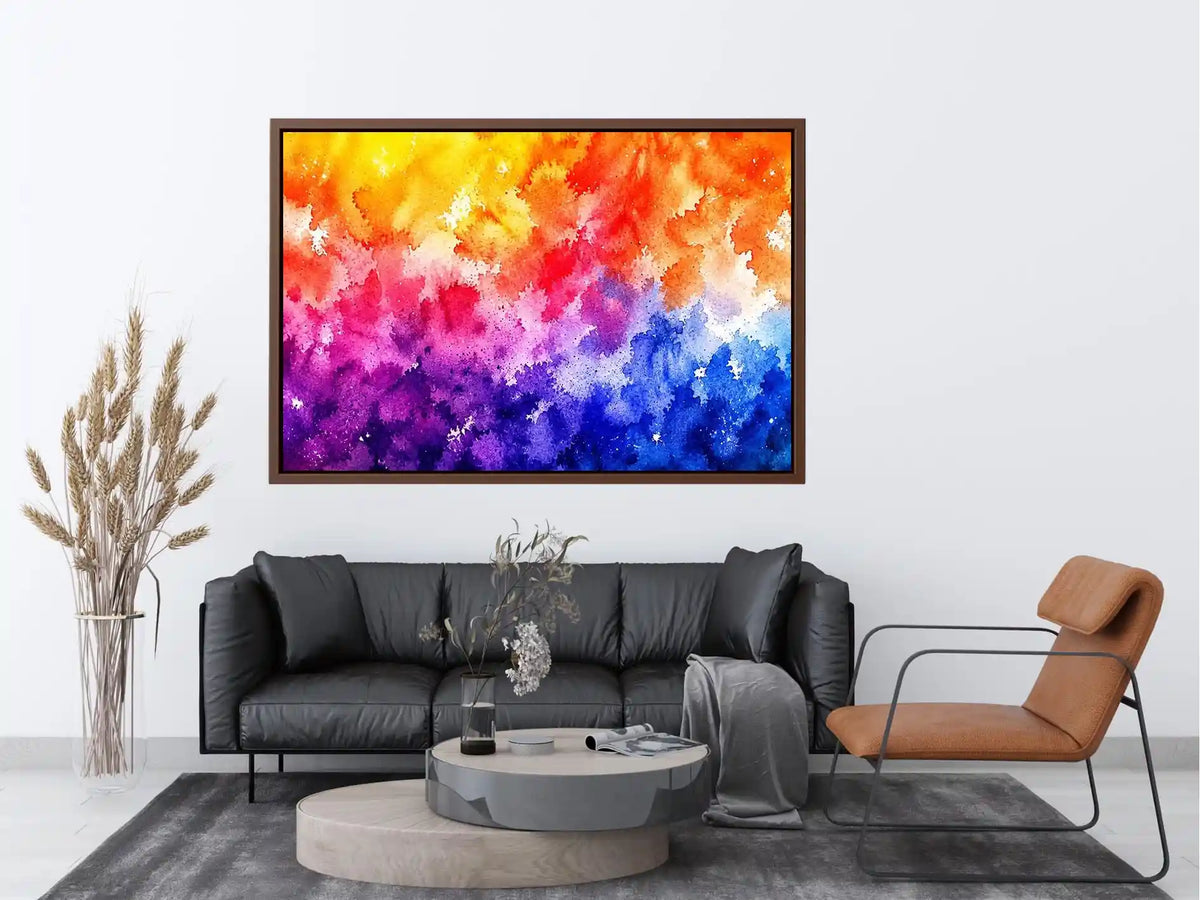 Radiant colorful watercolor abstract wall art with vibrant yellow pink purple and blue textures