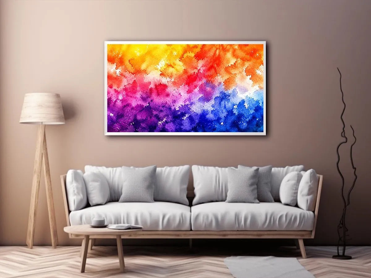 Radiant colorful watercolor abstract wall art with vibrant yellow pink purple and blue textures