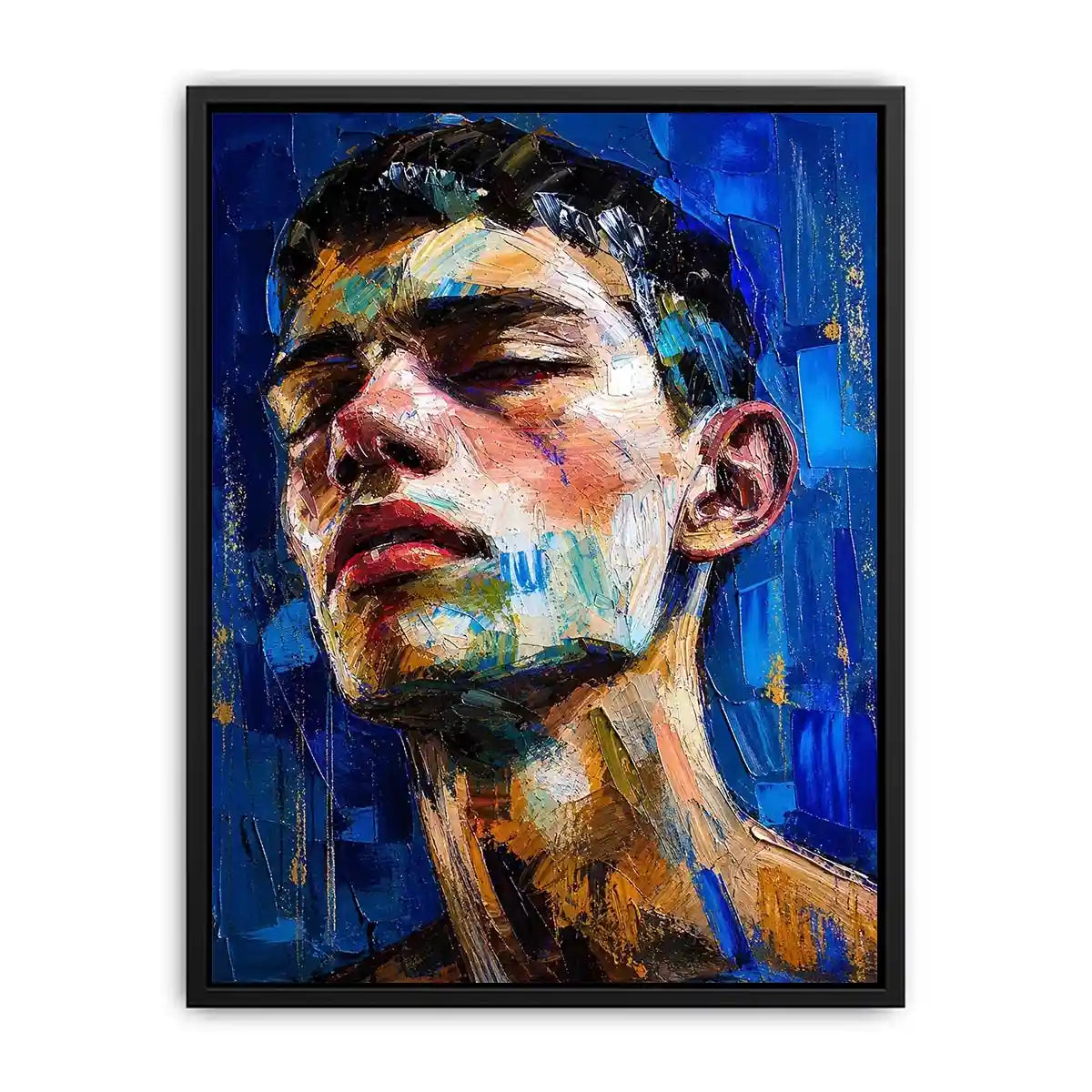 Abstract expressionist portrait of a face with vibrant brushstrokes and textured layers