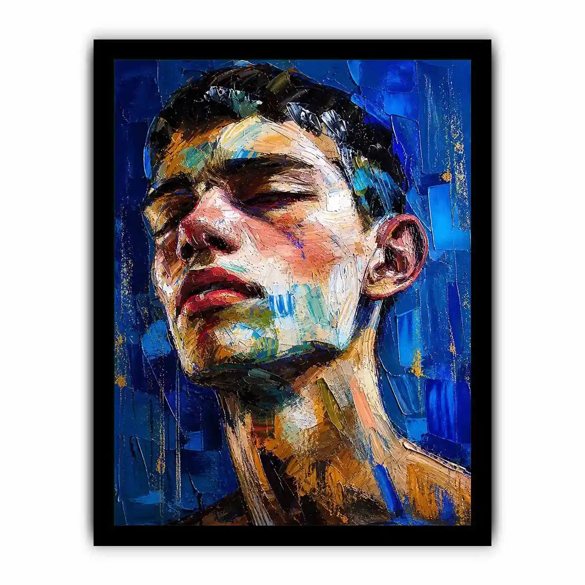 Abstract expressionist portrait of a face with vibrant brushstrokes and textured layers