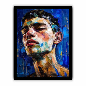 Abstract expressionist portrait of a face with vibrant brushstrokes and textured layers
