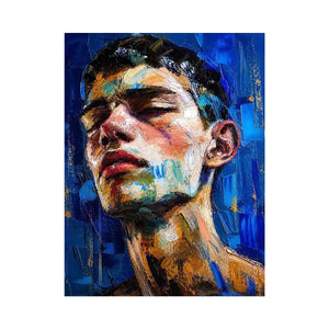 Abstract expressionist portrait of a face with vibrant brushstrokes and textured layers