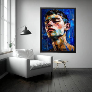 Abstract expressionist portrait of a face with vibrant brushstrokes and textured layers