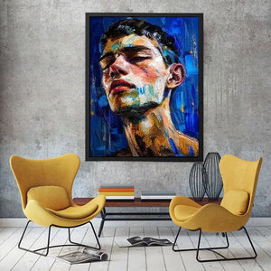 Abstract expressionist portrait of a face with vibrant brushstrokes and textured layers