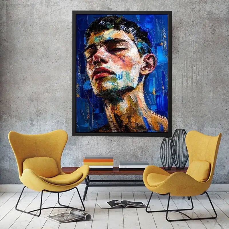 Abstract expressionist portrait of a face with vibrant brushstrokes and textured layers