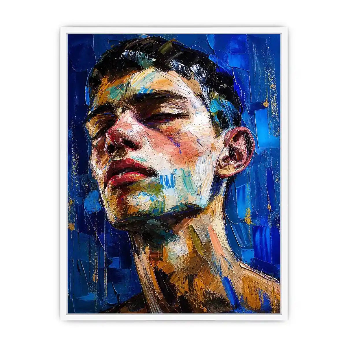 Abstract expressionist portrait of a face with vibrant brushstrokes and textured layers