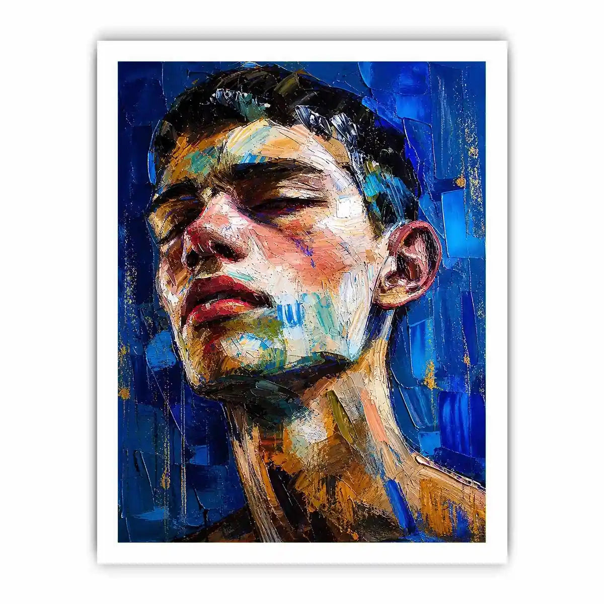 Abstract expressionist portrait of a face with vibrant brushstrokes and textured layers