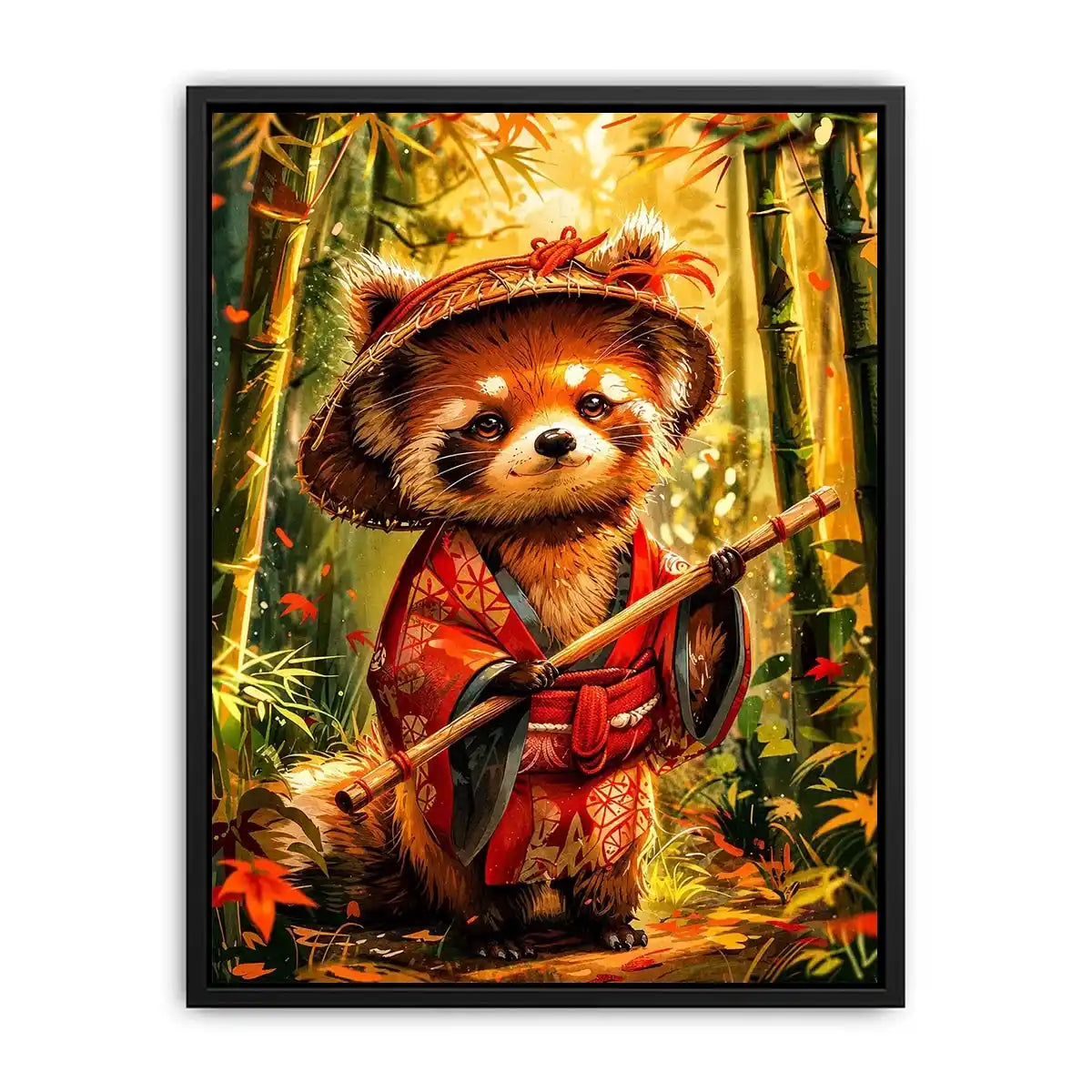 Cute red panda in traditional Japanese clothing standing in a glowing bamboo forest for modern wall decor