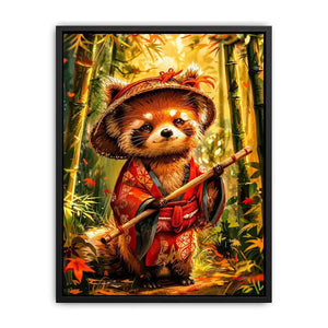 Cute red panda in traditional Japanese clothing standing in a glowing bamboo forest for modern wall decor