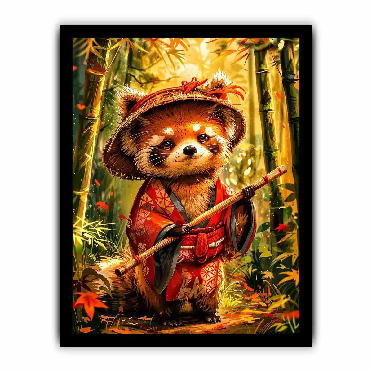 Cute red panda in traditional Japanese clothing standing in a glowing bamboo forest for modern wall decor