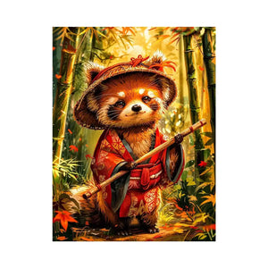 Cute red panda in traditional Japanese clothing standing in a glowing bamboo forest for modern wall decor