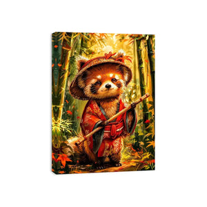 Cute red panda in traditional Japanese clothing standing in a glowing bamboo forest for modern wall decor