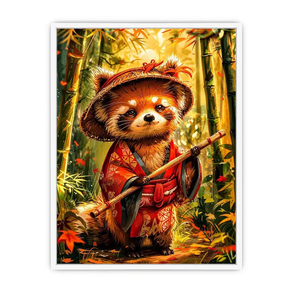 Cute red panda in traditional Japanese clothing standing in a glowing bamboo forest for modern wall decor