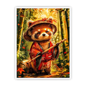 Cute red panda in traditional Japanese clothing standing in a glowing bamboo forest for modern wall decor