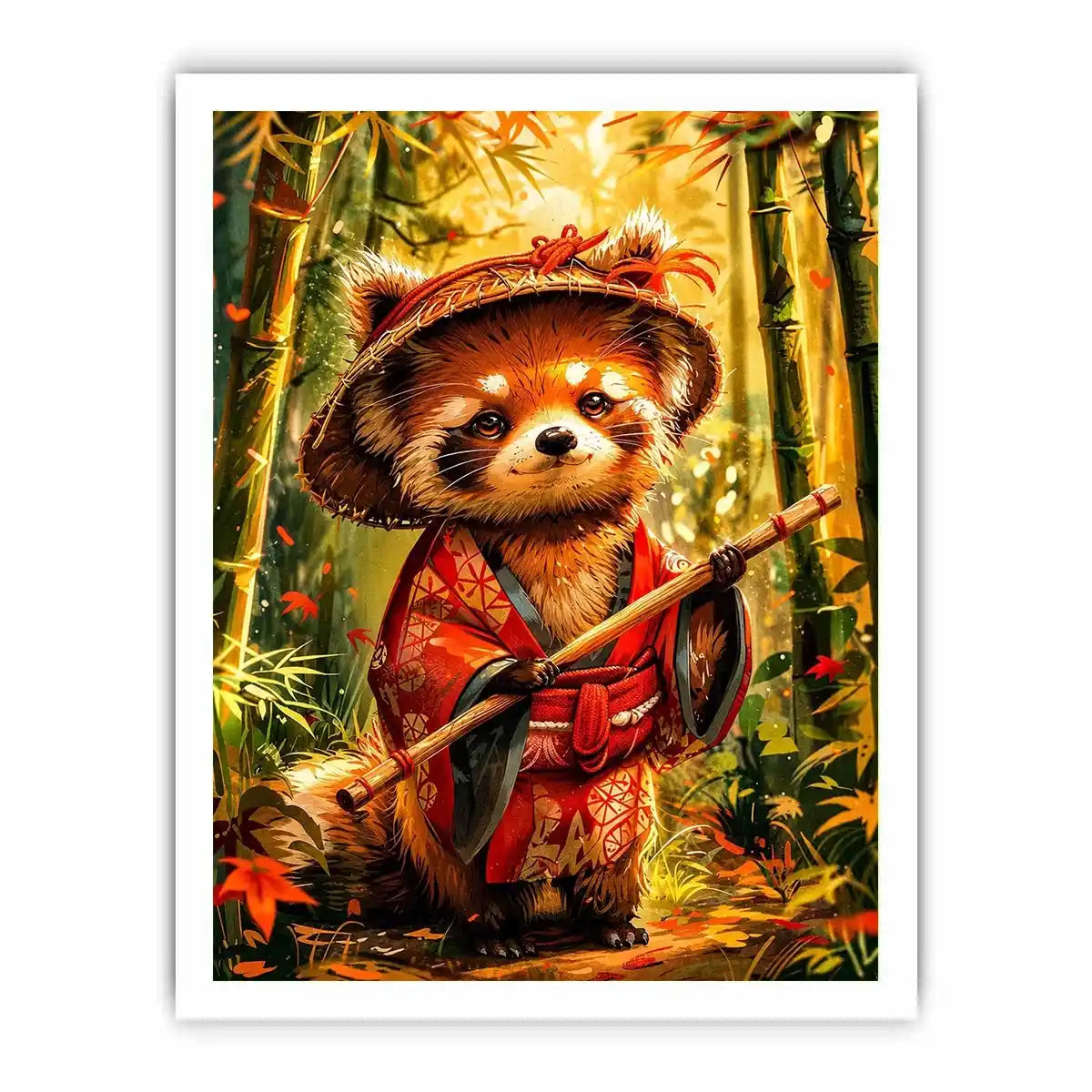 Cute red panda in traditional Japanese clothing standing in a glowing bamboo forest for modern wall decor