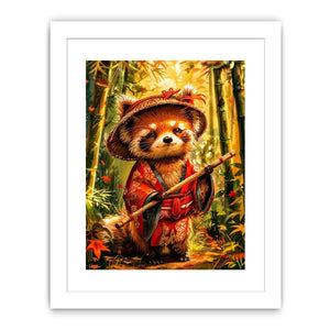 Cute red panda in traditional Japanese clothing standing in a glowing bamboo forest for modern wall decor