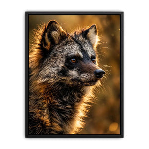 Golden wildlife raccoon portrait wall art with warm cinematic lighting for modern rustic interiors