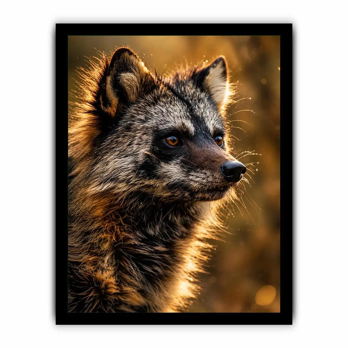 Golden wildlife raccoon portrait wall art with warm cinematic lighting for modern rustic interiors
