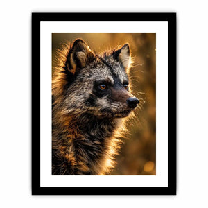 Golden wildlife raccoon portrait wall art with warm cinematic lighting for modern rustic interiors