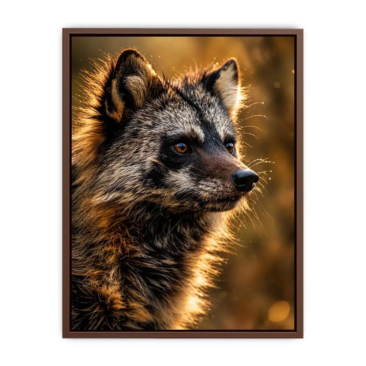 Golden wildlife raccoon portrait wall art with warm cinematic lighting for modern rustic interiors