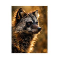 Golden wildlife raccoon portrait wall art with warm cinematic lighting for modern rustic interiors