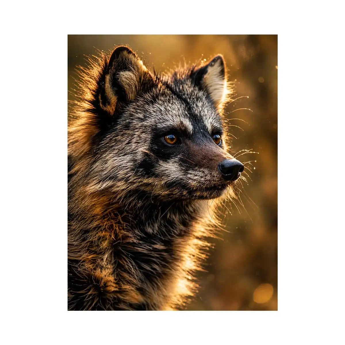 Golden wildlife raccoon portrait wall art with warm cinematic lighting for modern rustic interiors