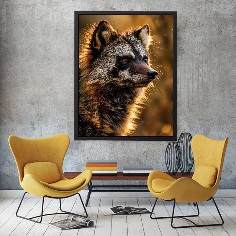 Golden wildlife raccoon portrait wall art with warm cinematic lighting for modern rustic interiors