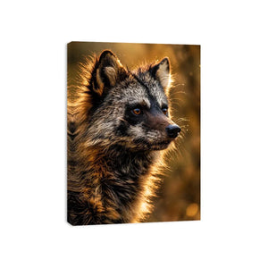 Golden wildlife raccoon portrait wall art with warm cinematic lighting for modern rustic interiors