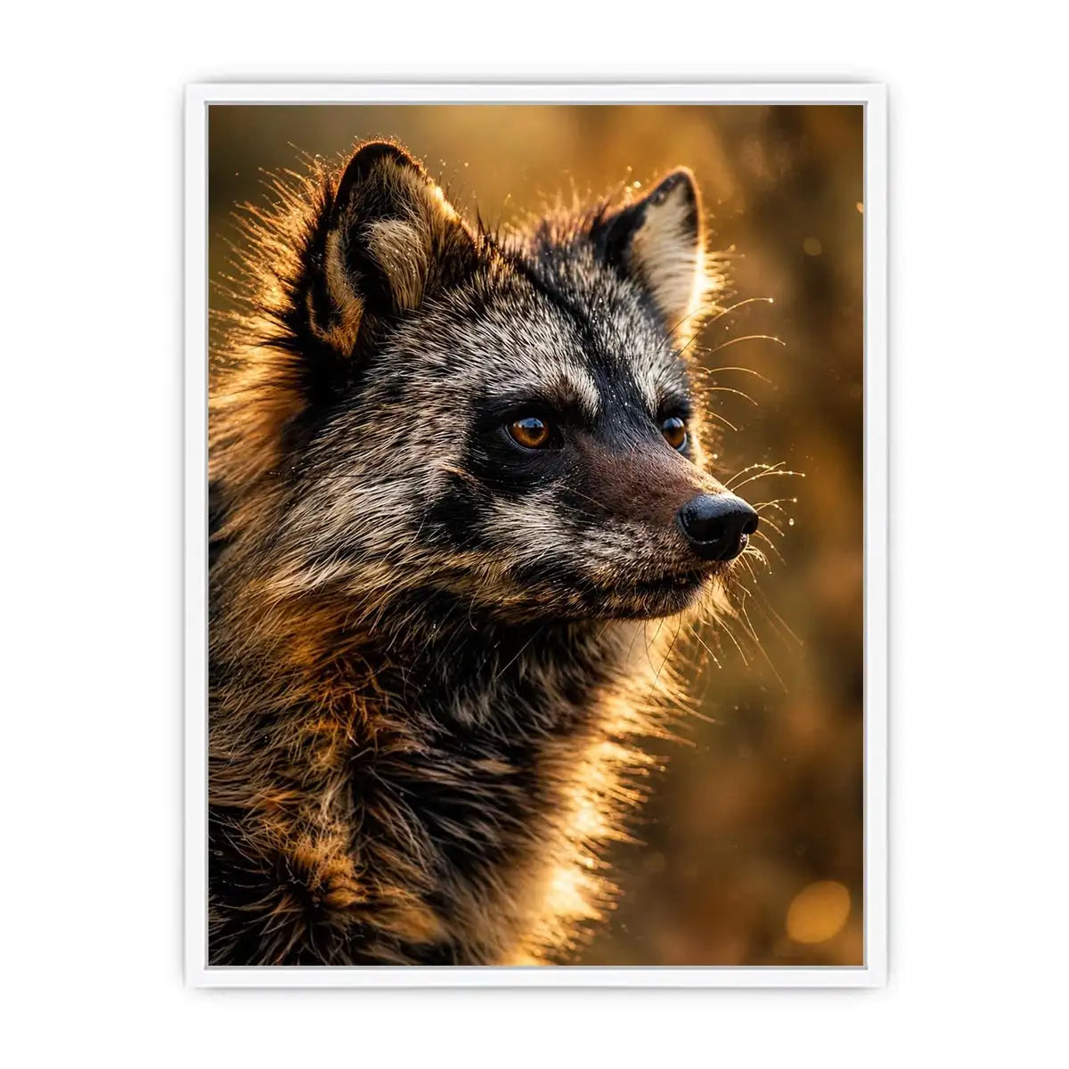 Golden wildlife raccoon portrait wall art with warm cinematic lighting for modern rustic interiors