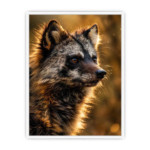 Golden wildlife raccoon portrait wall art with warm cinematic lighting for modern rustic interiors
