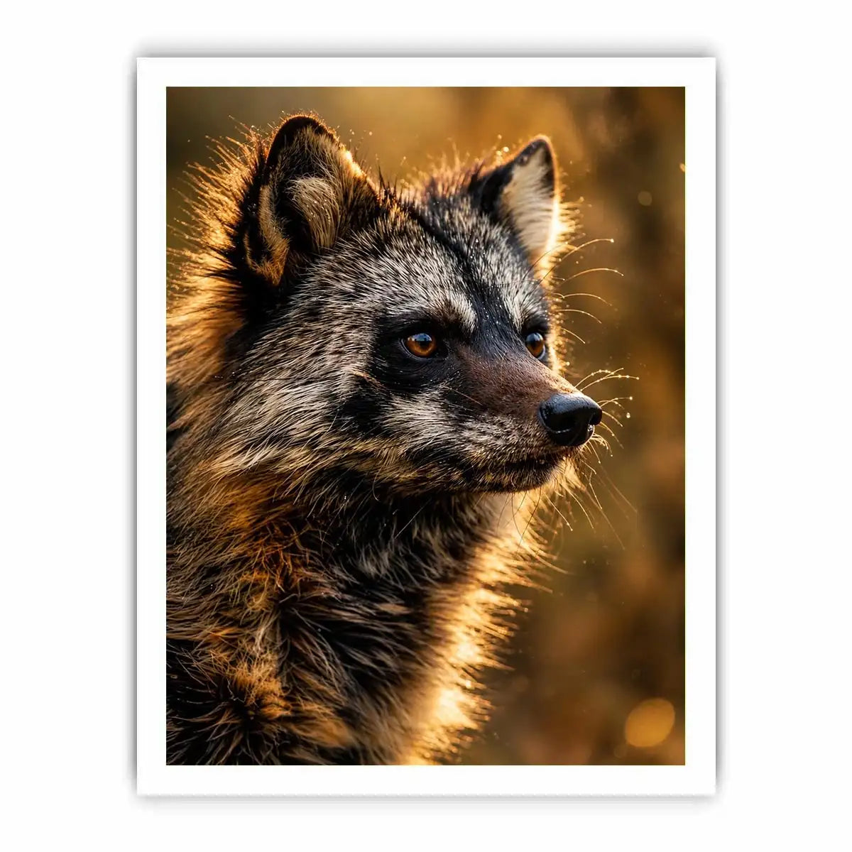 Golden wildlife raccoon portrait wall art with warm cinematic lighting for modern rustic interiors