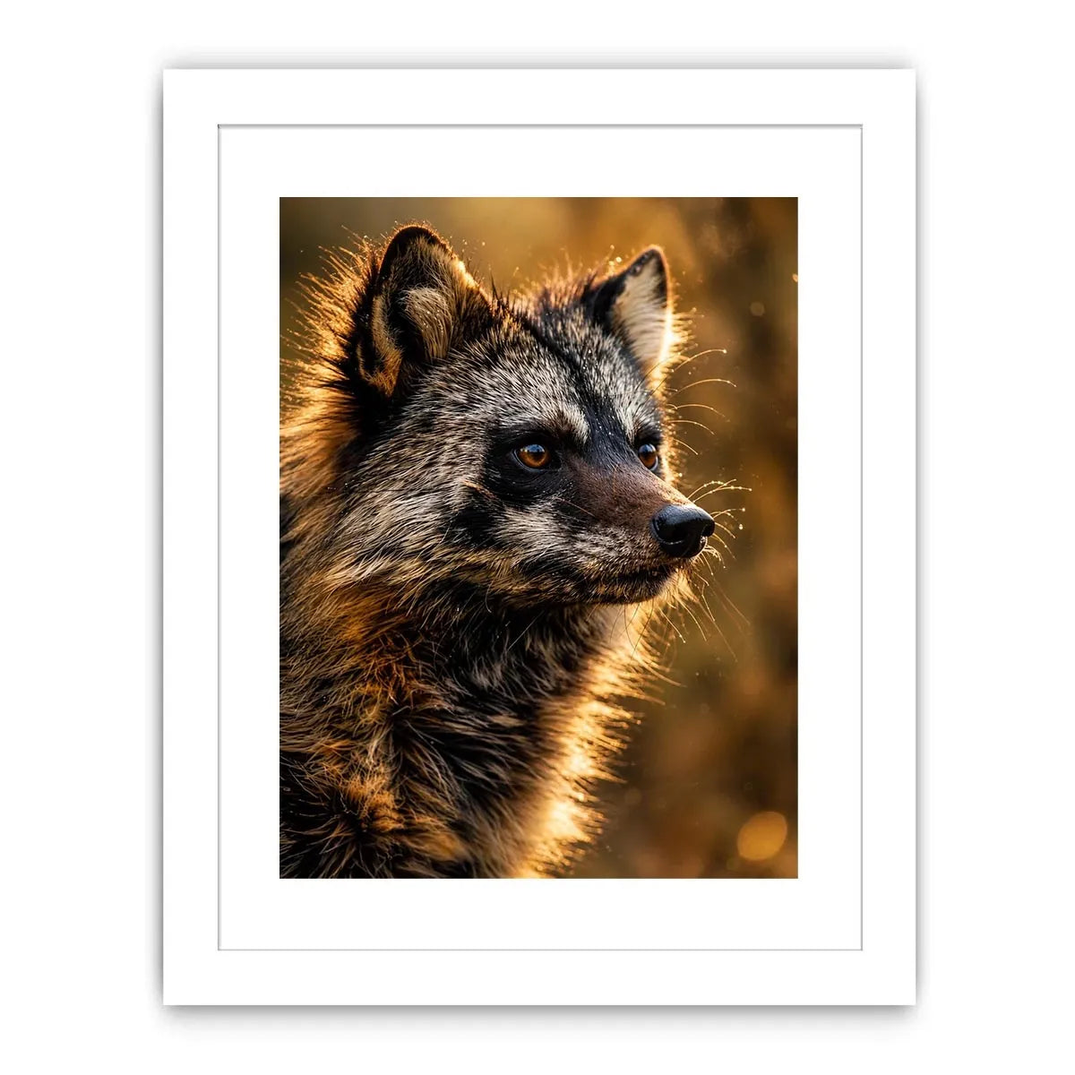 Golden wildlife raccoon portrait wall art with warm cinematic lighting for modern rustic interiors
