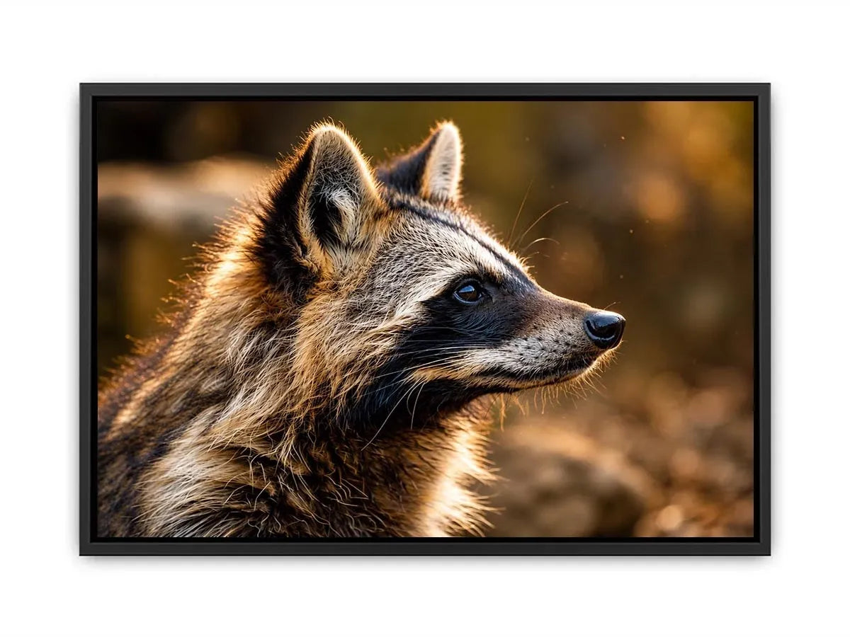 Warm golden raccoon wildlife canvas art for rustic modern living room and nature-inspired interiors
