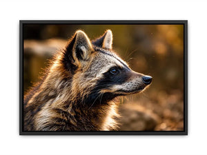 Warm golden raccoon wildlife canvas art for rustic modern living room and nature-inspired interiors