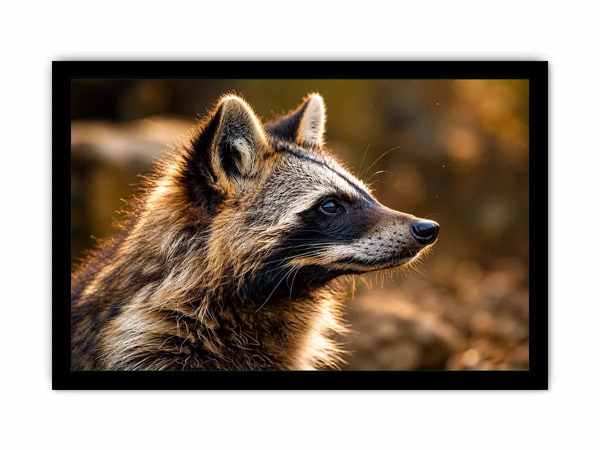 Warm golden raccoon wildlife canvas art for rustic modern living room and nature-inspired interiors