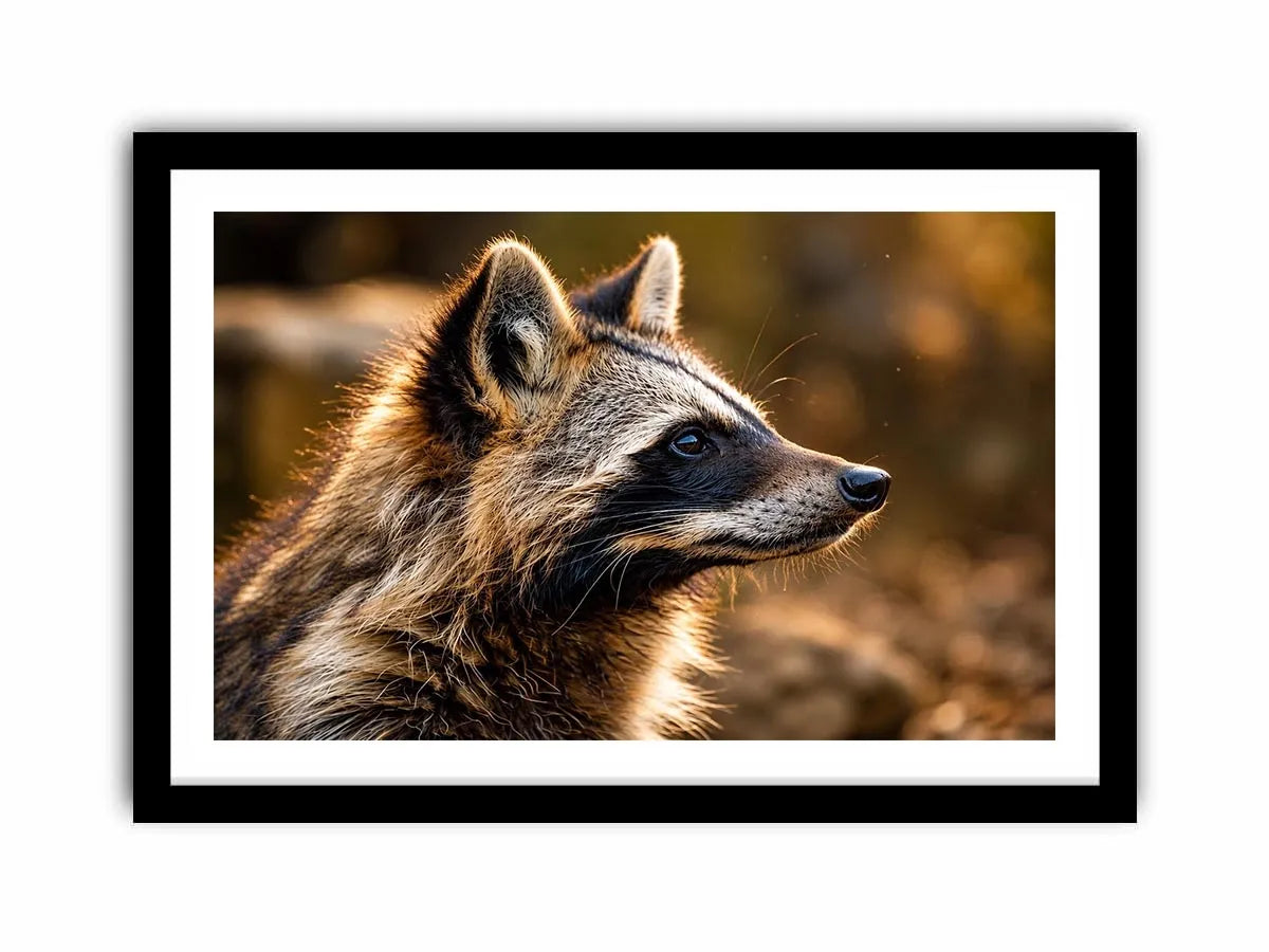 Warm golden raccoon wildlife canvas art for rustic modern living room and nature-inspired interiors