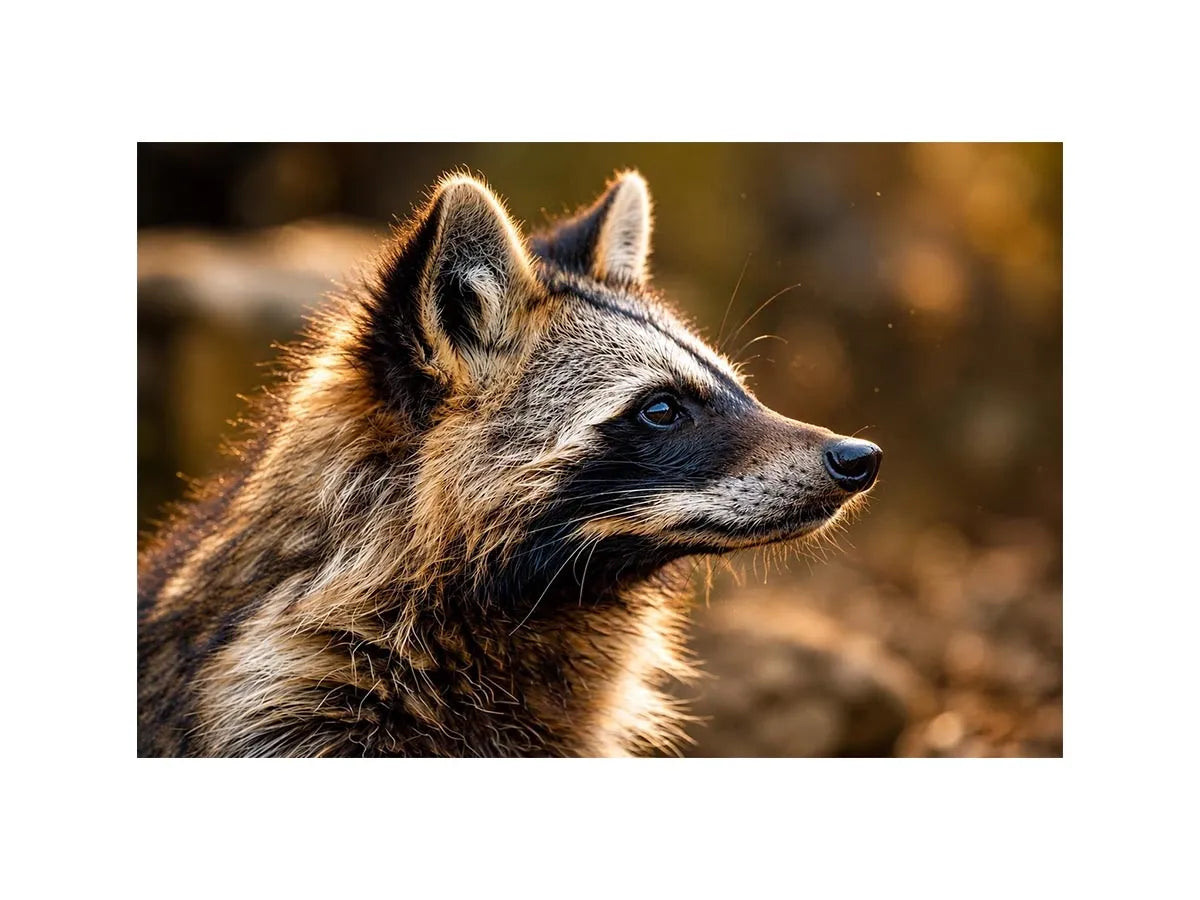 Warm golden raccoon wildlife canvas art for rustic modern living room and nature-inspired interiors