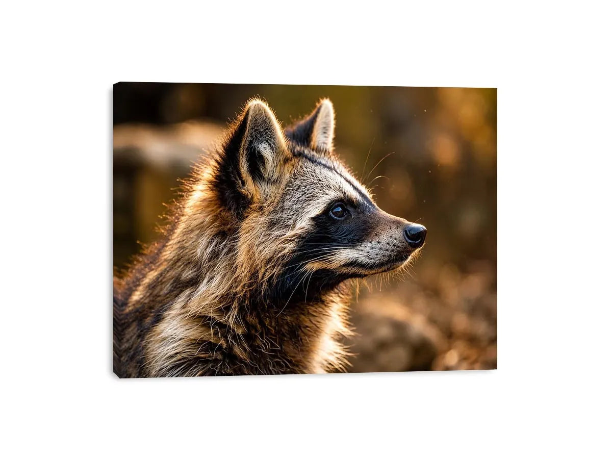 Warm golden raccoon wildlife canvas art for rustic modern living room and nature-inspired interiors