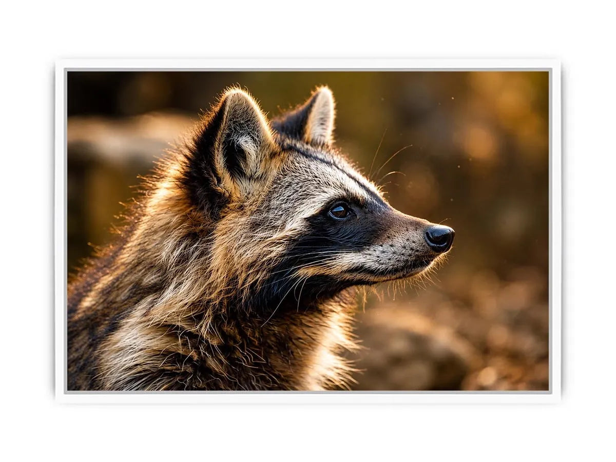Warm golden raccoon wildlife canvas art for rustic modern living room and nature-inspired interiors