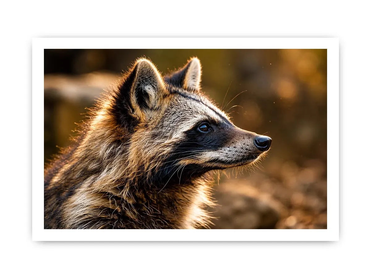 Warm golden raccoon wildlife canvas art for rustic modern living room and nature-inspired interiors