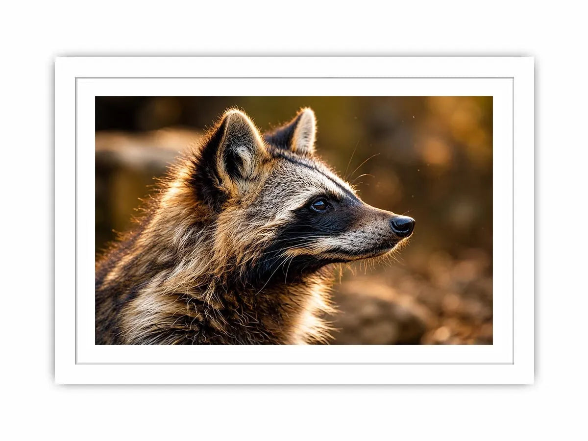 Warm golden raccoon wildlife canvas art for rustic modern living room and nature-inspired interiors