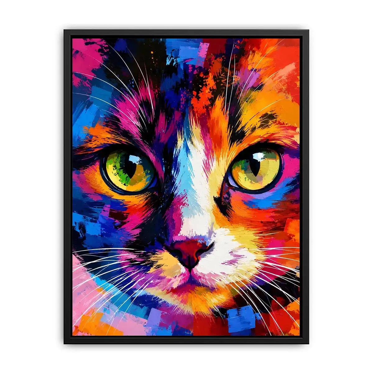 Colorful pop art cat portrait canvas wall art with vibrant abstract brushstrokes for modern interiors