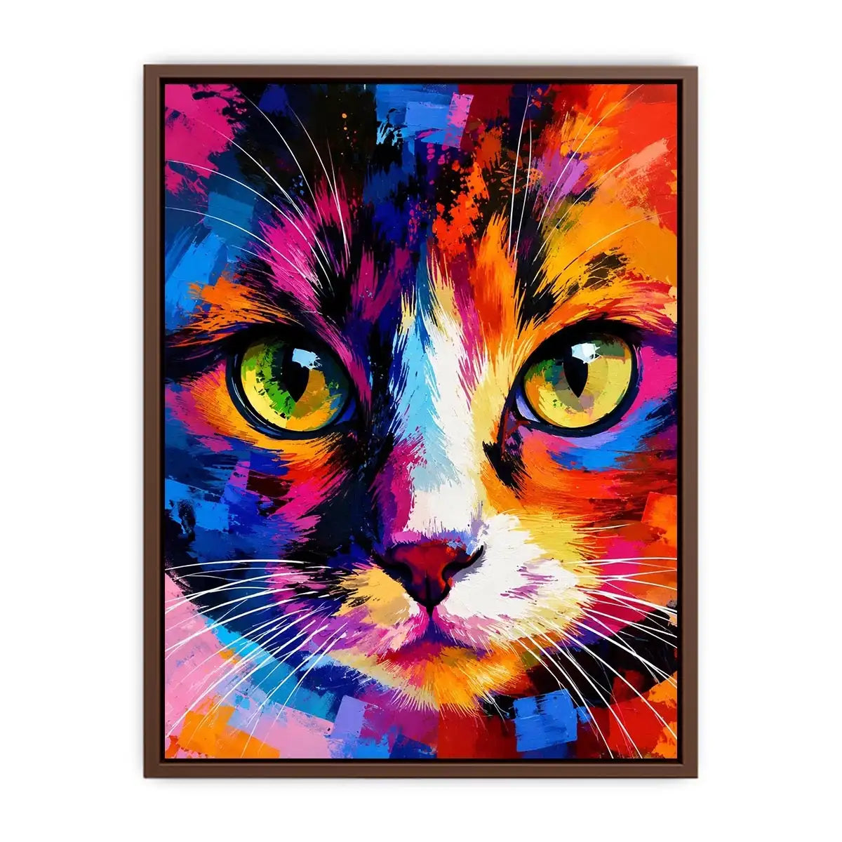 Colorful pop art cat portrait canvas wall art with vibrant abstract brushstrokes for modern interiors
