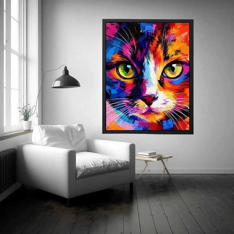Colorful pop art cat portrait canvas wall art with vibrant abstract brushstrokes for modern interiors
