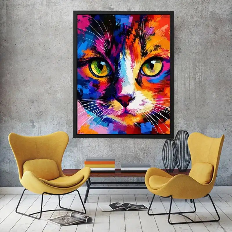 Colorful pop art cat portrait canvas wall art with vibrant abstract brushstrokes for modern interiors