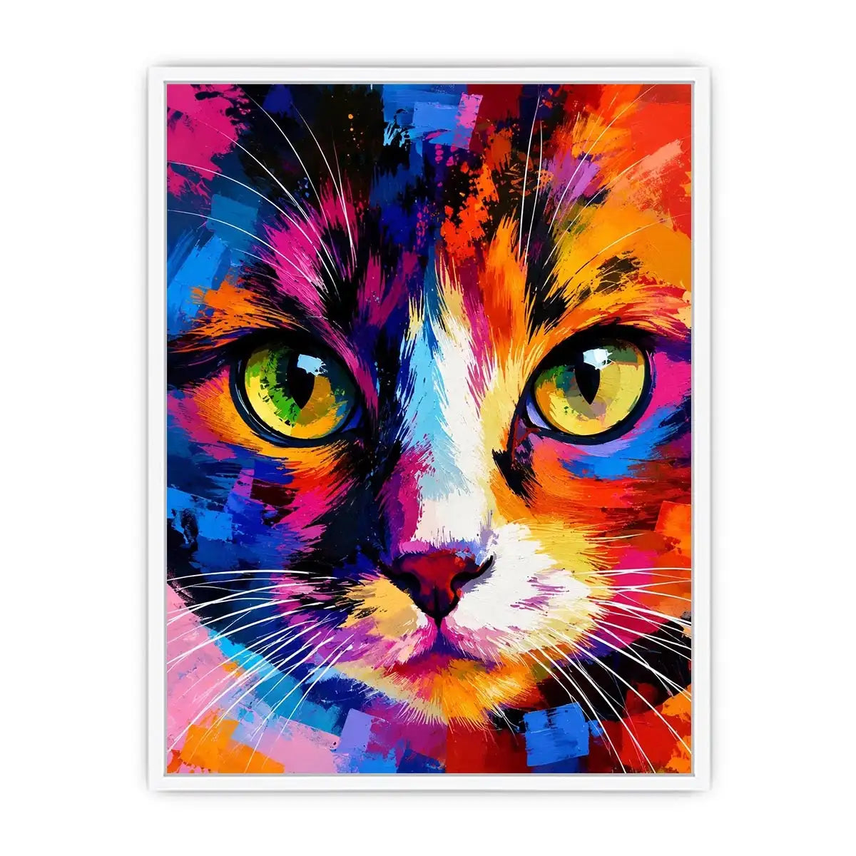 Colorful pop art cat portrait canvas wall art with vibrant abstract brushstrokes for modern interiors