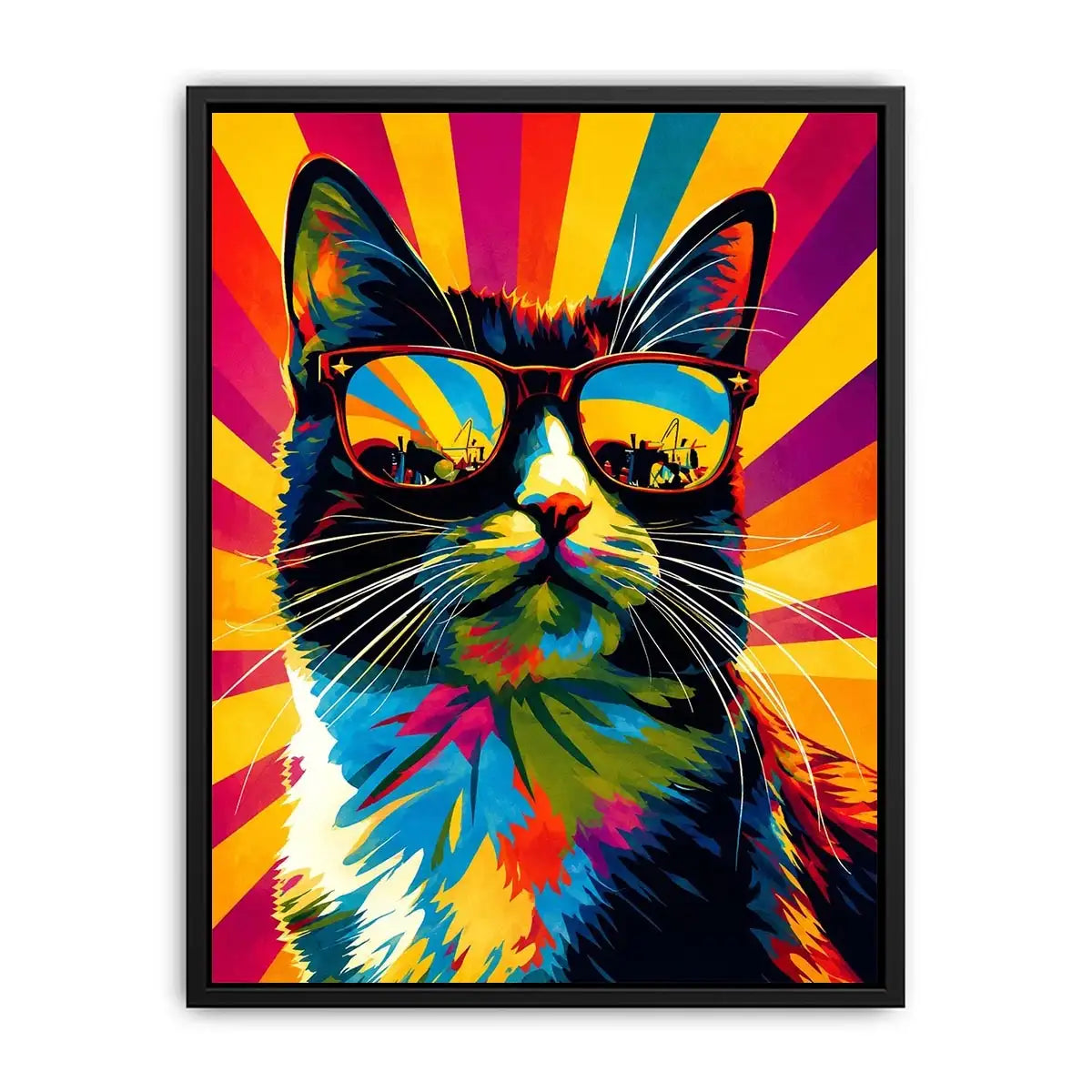 Retro pop art cat wearing sunglasses with colorful sunburst background for modern wall decor